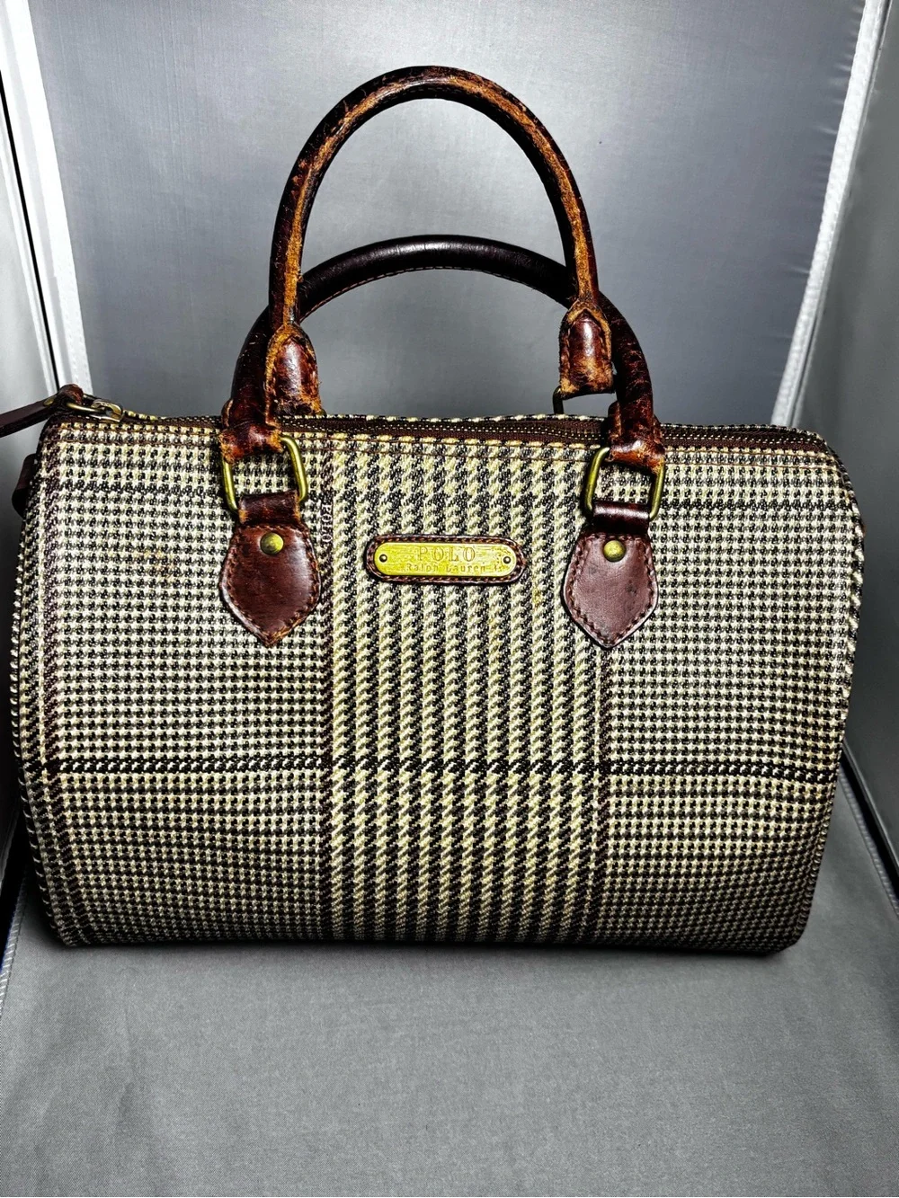 Structured Houndstooth Top-Handle Bag in Brown Vintage Ralph Lauren